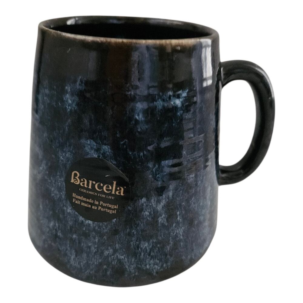 Barcela Ceramics for Life Coffee Mug Blue Black Glaze Handmade Portugal 5"